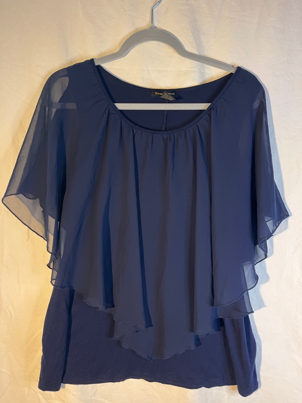 Susan Lawrence Navy Pleated Chiffon Scoop Neck Top